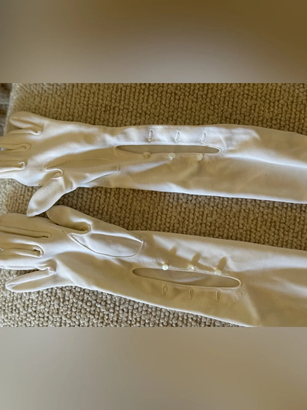 Vintage new Long Evening Gloves in white with mother of pearl Button Detail 22”
